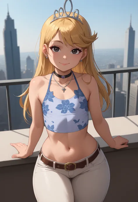 flat breasts. flat chest, skinny, huge hips, looking at viewer, 1o1a, blonde hair, tiara, Black eyes, earrings, necklace, choker. 1girl, balcony, overlooking city, pamistyle, orange, smile, wide hips, thick thighs, pants, floral pattern, halterneck crop t...