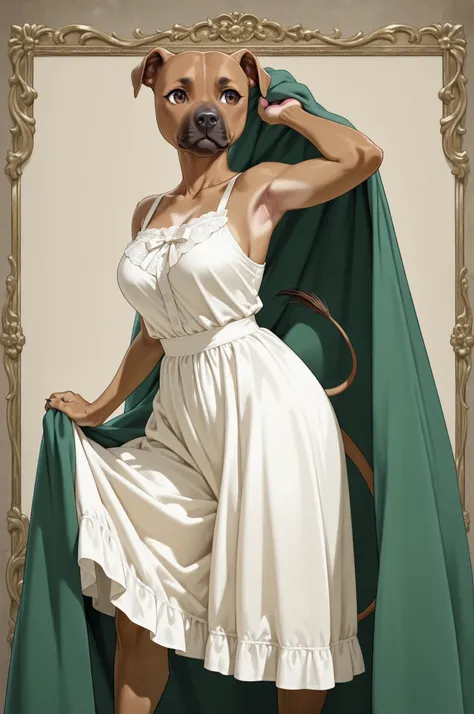 girl standing on a green blanket in a dress. Set against an Victorian backdrop that is covered in flowers. pitbull, apbt, beautiful eyes, brown eyes, paws, brown fur, armpit, thin tail, low angle