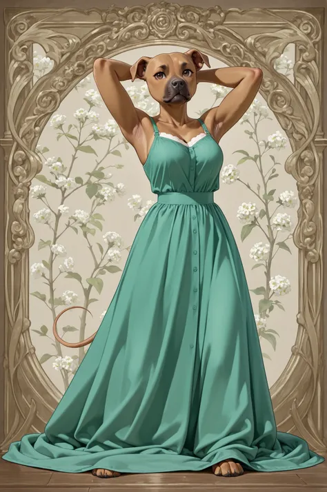 girl standing on a green blanket in a dress. Set against an Victorian backdrop that is covered in flowers. pitbull, apbt, beautiful eyes, brown eyes, paws, brown fur, armpit, thin tail, low angle