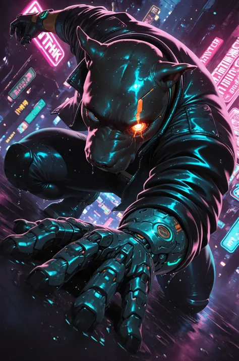 ((anthro)) ((pitbull)) woman in a biker jacket. Set against a rainy street filled with neon signs. cyberpunk style, gritty, cybernetics, cyborg, wet, (one) glowing eye, medium closeup, dynamic pose, dynamic angle, dramatic lighting, arm0rpunkv4,