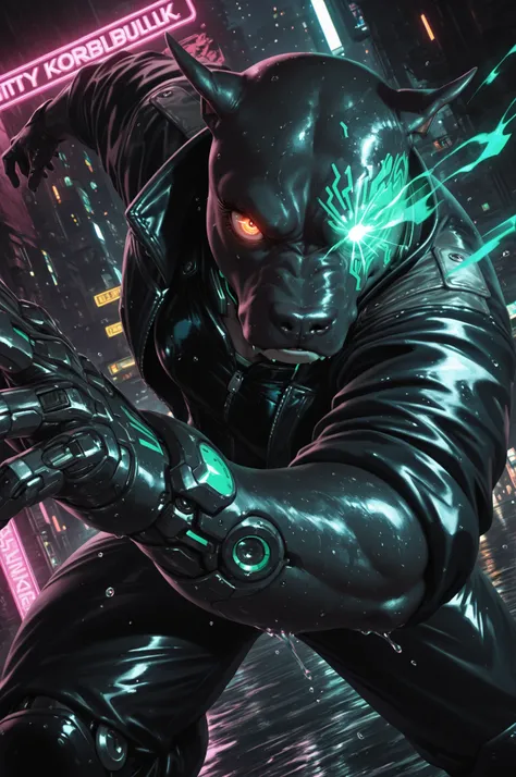 ((anthro)) ((pitbull)) woman in a biker jacket. Set against a rainy street filled with neon signs. cyberpunk style, gritty, cybernetics, cyborg, wet, (one) glowing eye, medium closeup, dynamic pose, dynamic angle, dramatic lighting, arm0rpunkv4,