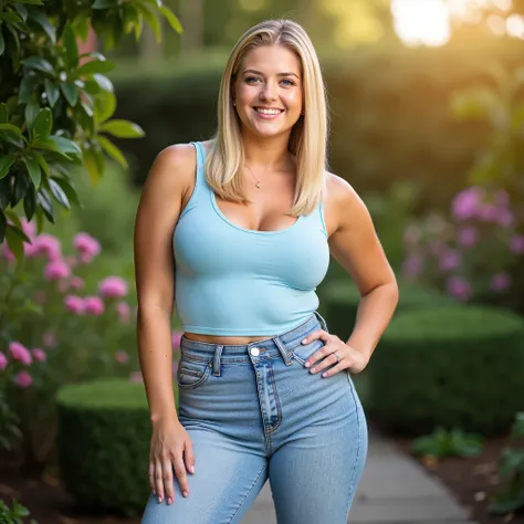 premium full body portrait, youthful woman with shoulder-length blonde hair styled in straight side part, natural stout figure, light blue tank top complementing curves, relaxed-fit light wash jeans hugging hips with comfortable leg room, alluring confiden...