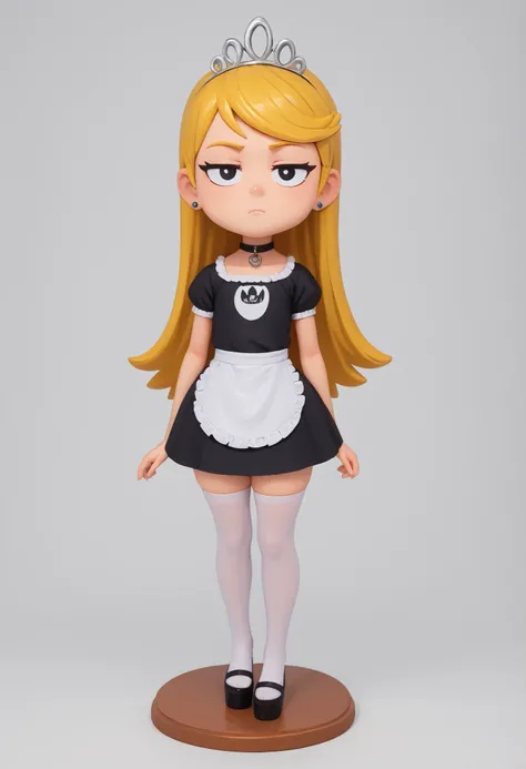 flat breasts. flat chest, skinny, huge hips, looking at viewer, 1o1a, blonde hair, tiara, Black eyes, earrings, necklace, choker. | score_9, score_8_up, score_7_up, faux figurine, nendoroid, full body, figure, platform, solo, Anime, 1girl, masterpiece, bes...