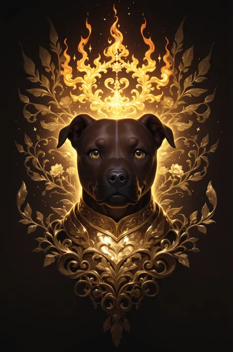 majestic red brown (pitbull dog) in finely detailed gold armor, gold eyes, epic, legendary, happy look, warm open fire in the background, intricate, detailed, classical fantasy, ethereal, magical, dreamlike, surreal, visionary, intricate ornate frame, myth...