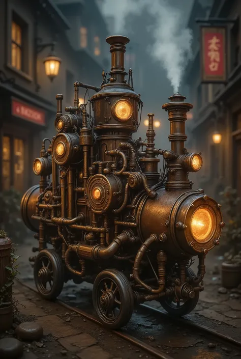 Steampunk Illustration showing a steam-powered vehicle with intricate mechanical elements, gears, and pipes, vibrant and muted colors, browns, and blues, with intricate textures and vibrant colors. The scene should include a rich variety of elements, each ...
