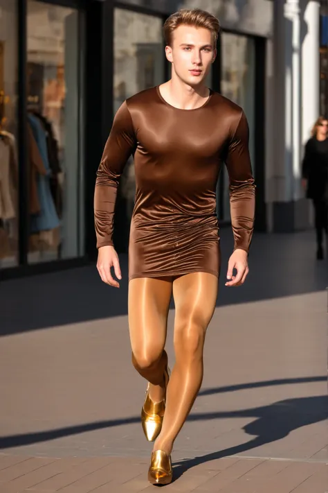 a young Caucasian male guy with a male face, wears a brown midi dress, medium brown amber shiny 40den pantyhose, Gold-tone open high hels pumps, the male face guy runs in his pantyhose in a shopping mile in sunshine.
