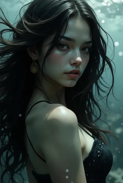A stunning close-up of a girl embodying siren-like beauty, with long, flowing hair that cascades elegantly over her shoulders. She wears a sophisticated little black dress that clings to her figure, accentuating her grace and charm. The dramatic dynamic an...