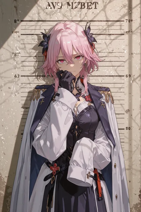  mugshot wall, against the wall, l1mbu5v3ll,(looking at viewer, medium shot:1.22),  (medium shot, three quarter shot:1.3), (1girl:0.95), solo, masterpiece, best quality, amazing quality, very aesthetic, high resolution, ultra-detailed, (soft shading, soft ...