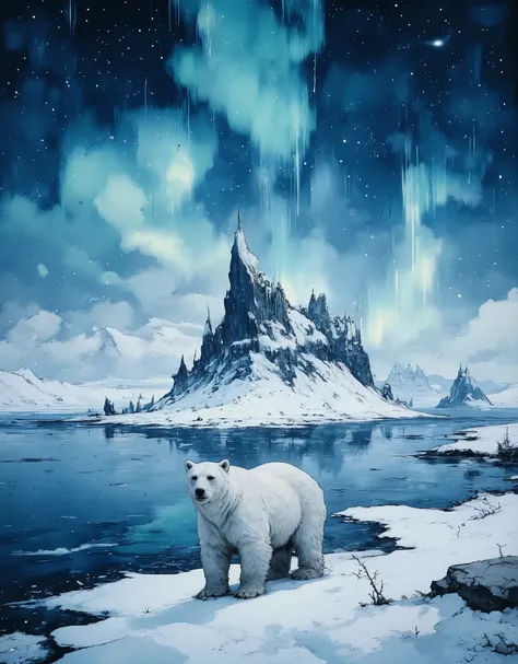 A polar bear stands on the shore of a snowy and deserted Arctic uninhabited island. The northern lights are in the sky.