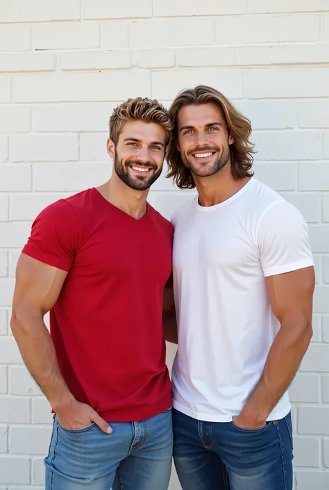 Realistic photo of two strong athletic men, Justin Timberlake and Ashton Kutcher, standing side by side posing for an Instagram photo, white brick background, the two men are in their early twenties looking like Justin Timberlake and Ashton Kutcher 

The m...