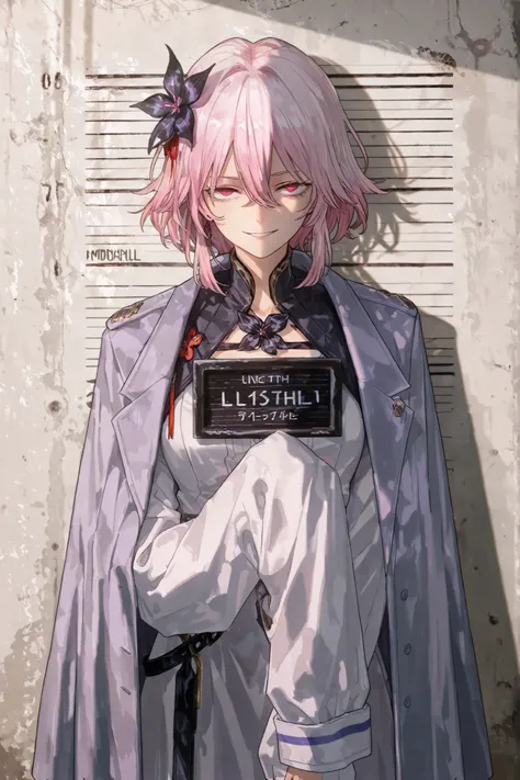  mugshot wall, against the wall, l1mbu5v3ll,(looking at viewer, medium shot:1.22),  (medium shot, three quarter shot:1.3), (1girl:0.95), solo, masterpiece, best quality, amazing quality, very aesthetic, high resolution, ultra-detailed, (soft shading, soft ...