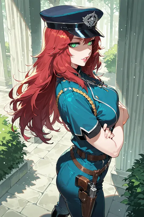 lazypos, 1girl, solo, looking at viewer, wideshot, from the side, standing, detailed eyes, looking at viewer, shadow, ligh particles, full lips, thick lips, Inspiring, arms crossed,
Devola, red hair, medium breasts, green eyes, long hair, glowing eyes, med...