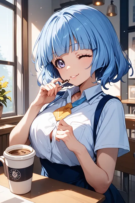 Aoki Reika。blue hair。shirt over bare skin 、open button.wink with your finger、holding coffee in hand