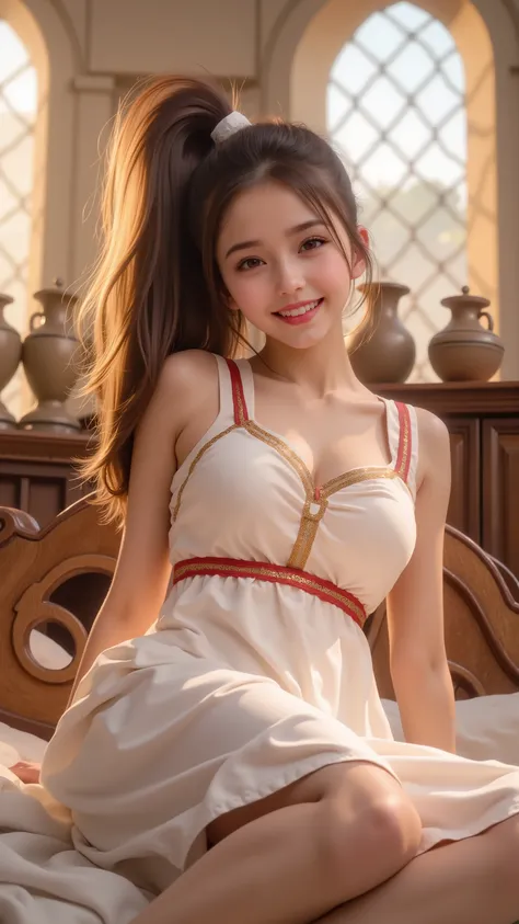 Morning Light in Rome — Photorealistic film grain style, Cutiebaby with diamond-shaped face, medium ponytail, wavy natural brown hair, fair skin, wearing a simple white linen stola (Roman dress) with a thin red sash, waking up on a carved wooden bed inside...