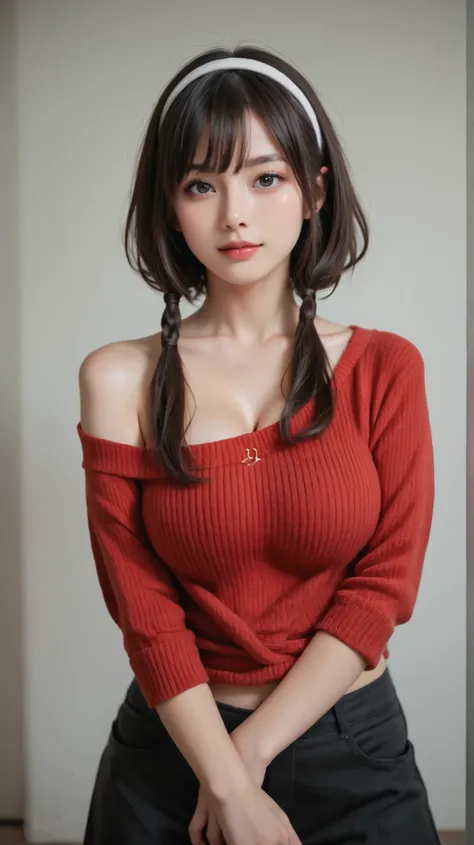 YorForger, ultra detailed face and delicate eyes, score_9, score_8_up, ultra detailed, beautiful eyes, masterpiece, best quality, hyper realistic, ultra high res, raw photo, 1girl, solo, beautiful young woman, perfect body, huge breasts, upper body, realis...