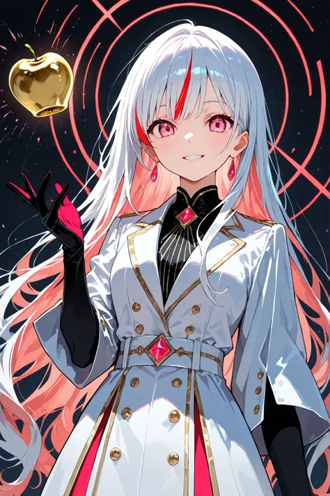 a young adult woman, long white hair, red streaks, pink eyes, formal white outfit with red details, thin black glove, smiling, holding a golden apple