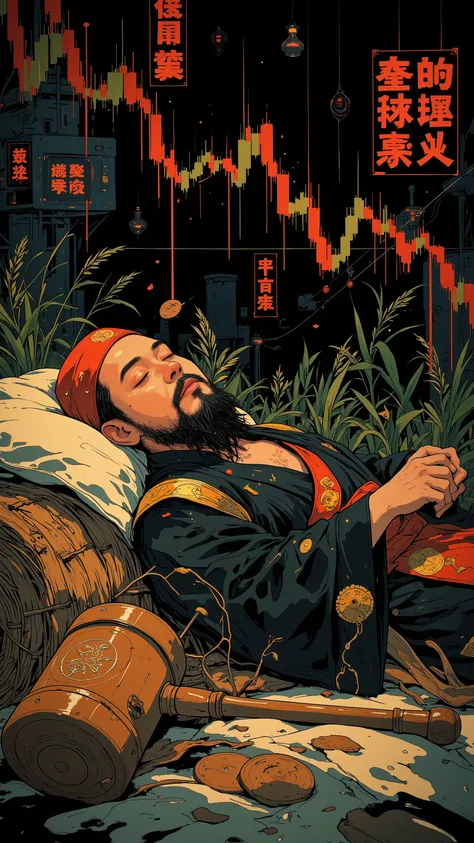 (Holographic stock market crash chart :1.3)(Downtrend Chart),(A holographic stock market Downtrend Chart is overlaid :1.2),Daikokuten sleeping peacefully、gentle expression、Half-open mouth、Black priest's robes gently spread out、plump figure, Red loose Buddh...