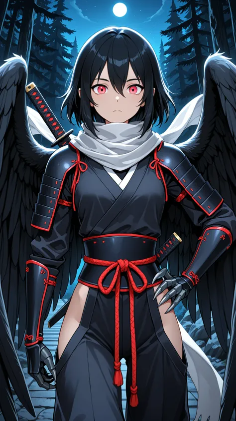 solo, female, harpy girl, wings on back, black Japanese armor, night, close up, wings, tengu girl, black wings, hand on hip, black scaled hands, claws, talon hands, short sword, light red eyes, short black hair, massy hair, pine forest, relaxed pose, wings...