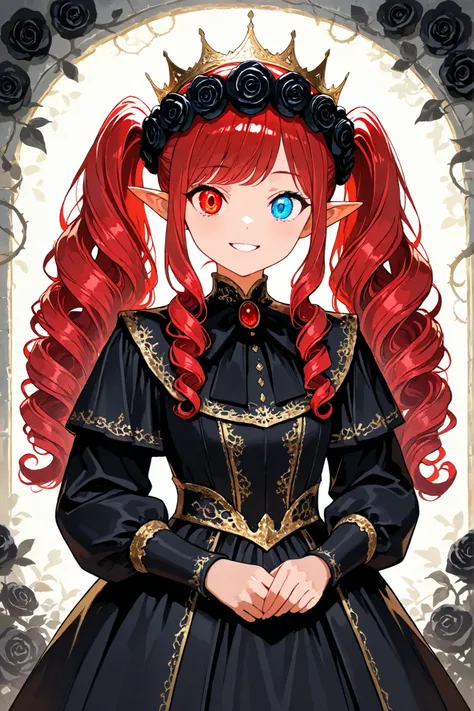 a young adult woman, heterochromia: one yellow eye, one red eye, pointy ears, wide pigtails, curly hair, voluminous hair, crown of black roses, smiling, black dress in medieval style