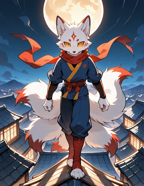furry, male skinny nine-tailed fox, nine tails, standing, round eyes, ninja, ninja outfit on, ninja clothes on, japan rooftop, neck tuff, cute, claws, handsome, full moon, night, dark, perfect, detailed, perfect body type, high resolution, anatomically acc...