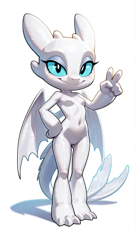 score_9, score_8_up, score_7_up, anthro, masterpiece, best quality, amazing quality, very aesthetic, absurdres, source furry, 1boy, nubless_httyd, dragon, light fury, white scales, detailed scales, wings, tail, claws, 1girl, solo, blue sclera, black pupils...