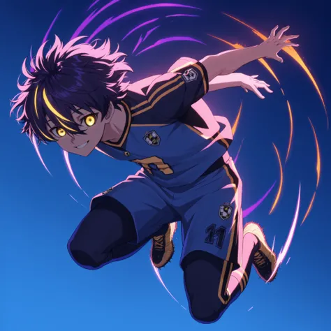 anime style illustration of a vibrant soccer player dribbling, wild messy hair with bright highlights, golden shining eyes full of excitement, wide joyful smile, modern football uniform with glowing details, (blue sky background), dynamic motion, full body...