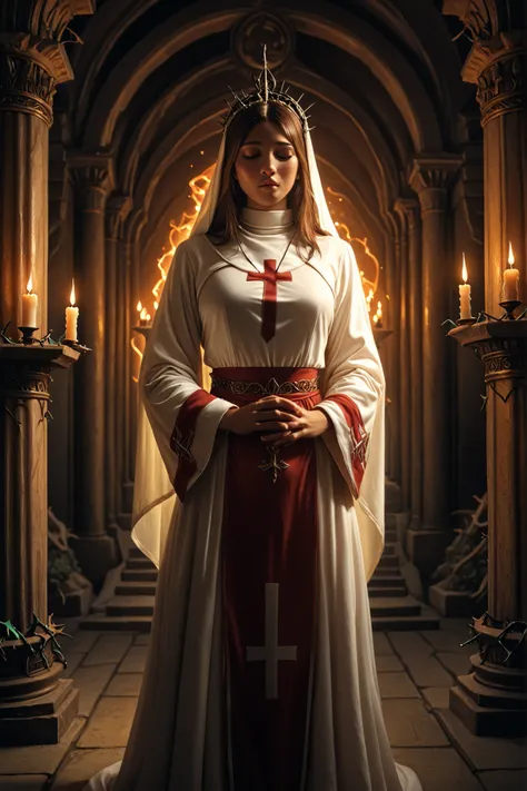 High Priest,  Intricate Dress , elaborate headdress, gentle expression, Ceremonial Raised Hand, Mysterious Aura, Decorated Temple Interior, Glowing Candles, smoky vibe, fantasy art style, Digital Painting, 4K, with thorns Ultra Details, Photorealistic, Cin...