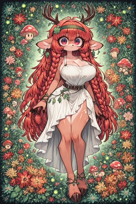 (edanoma_meu_illu,) a female dryad,beastman furry antro deer. She is tall, has huge breasts, wide hips and long legs. She has purple-red eyes. She has tanned skin covered with freckles. She has longest ginger-red kinky hair,some strands of hair are braided...