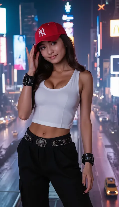 Create a high-resolution, cinematic image of a confident and stylish woman posing for a photoshoot at the helipad of a building in Times Square. The background should showcase an iconic view of New York City with multiple recognizable skyscrapers, billboar...