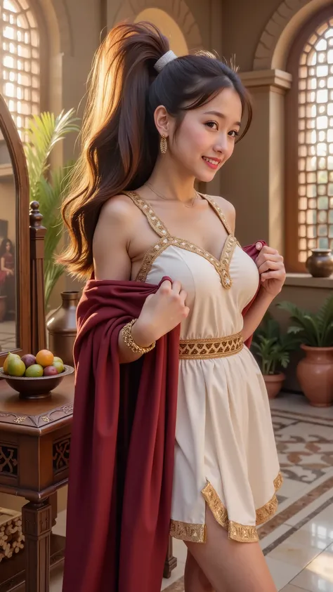 Photorealistic film grain cinematic style, interior of a Roman villa lit by soft golden sunlight through lattice windows, marble mosaic floor, terracotta jars, bronze oil lamps flickering. Cutiebaby, diamond-shaped face, fair smooth skin, medium ponytail w...