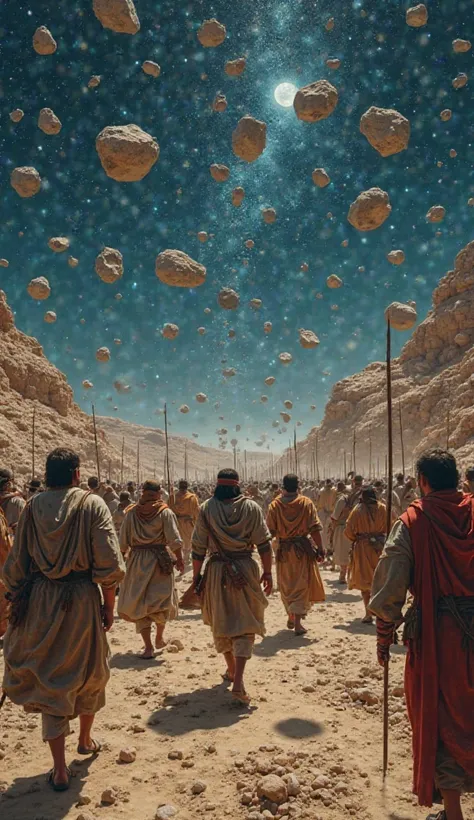 Ultra-realistic image showing a shower of stones from the sky on the Amorites, falling like large rounded blocks of hail, heavy and forceful, spreading terror and destruction. The Amorite soldiers, de pele bronzeada, wearing varied tunics in varied tones, ...