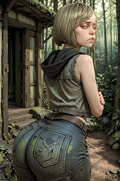 score_9, score_8_up, score_7_up), masterpiece,best quality,amazing quality,very aesthetic,absurdres,newest,detailed eyes, A professional,high-quality,hyper-realistic picture of a woman, 3Drealistic,masterpiece, outdoors, moss covered runned  down house in ...