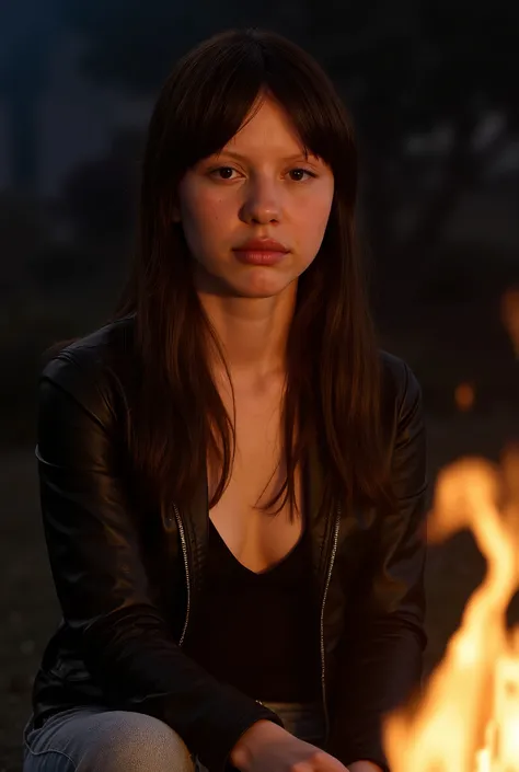 1 garota em, idade19, apenas, long and Straight black hair, hair disheveled by the wind, cabelo castanho, corpo inteiro, Seios colossais, sitting next to a fire,  wearing brown leather jacket , jeans azul-escuro, (extremely detailed 8K wallpaper), Ambient ...