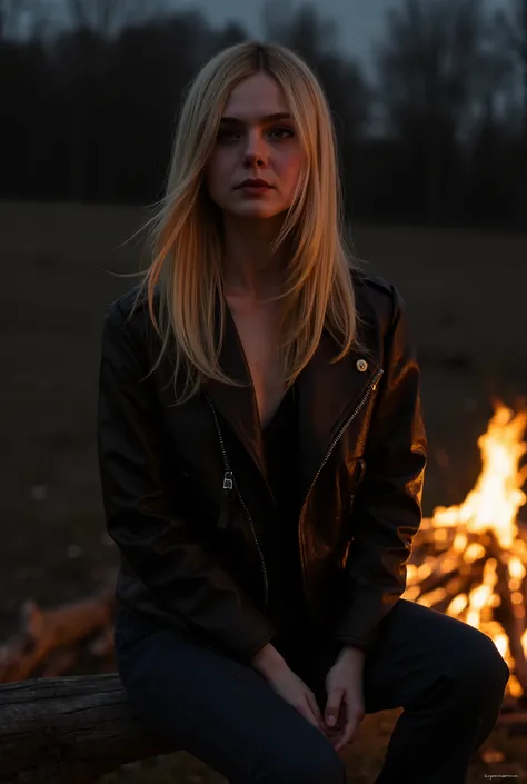 1 garota em, idade19, apenas, long and Straight blonde hair, hair disheveled by the wind, cabelo loiro, corpo inteiro, Seios colossais, sitting next to a fire, wearing brown leather jacket , jeans azul-escuro, (extremely detailed 8K wallpaper), Ambient Li...