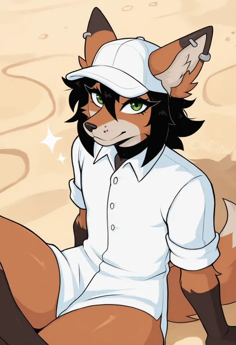 Solo, male focus, an anthro furry male maned wolf, solid green eyes, curly black hair, (by fumiko, by hyattlen, by claweddrip), ear piercing, white button up shirt, (sitting on the sand:1.2), (sitting on the ground:1.2), ceach background, (cute snout:1.1),...