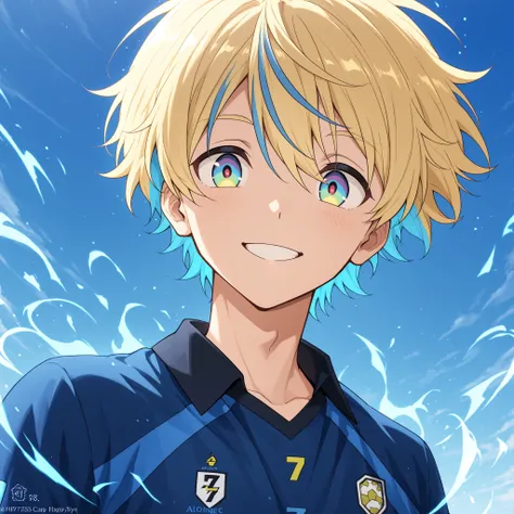 blue_lock_style,alone, happy anime boy, smiling, soccer uniform , blond hair ,blue highlights, multicolored eyes , Happyness aura , blue sky camp , shirt number 7
