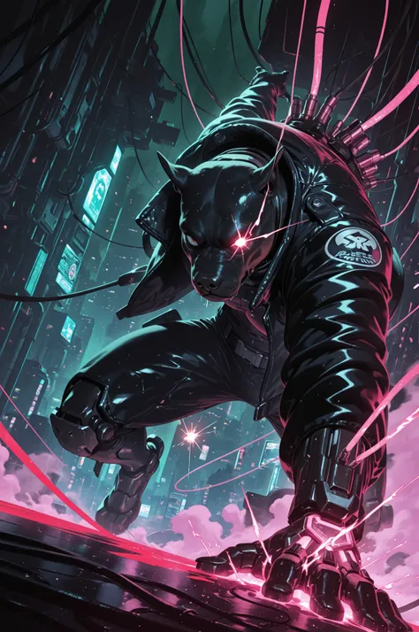 arm0rpunkv4, medium closeup, dynamic pose, dynamic angle, dramatic lighting, ((anthro)) ((pitbull)) woman in a biker jacket sitting on a massive throne made of machinery and cables like a tired god. Set against a vast factory making war droids. broken and...