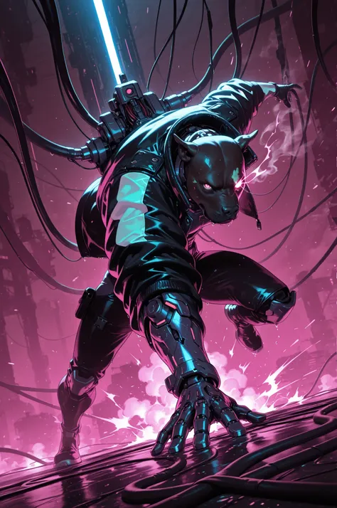 arm0rpunkv4, medium closeup, dynamic pose, dynamic angle, dramatic lighting, ((anthro)) ((pitbull)) woman in a biker jacket sitting on a massive throne made of machinery and cables. Set against a vast factory making war droids. broken androids litter the ...