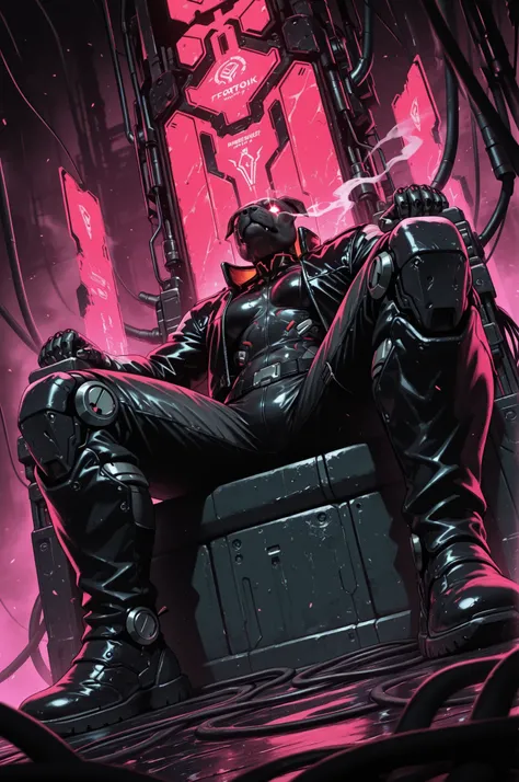 arm0rpunkv4, medium closeup, dynamic pose, dynamic angle, dramatic lighting, ((anthro)) ((pitbull)) woman in a biker jacket sitting on a massive throne made of machinery and cables like a tired god. Set against a vast factory making war droids. broken and...