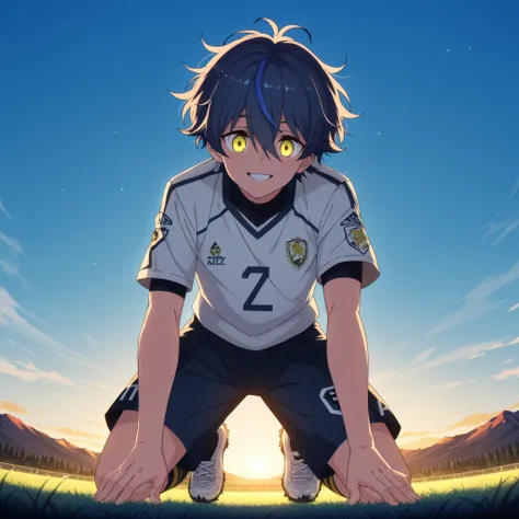 anime style illustration of a vibrant soccer player dribbling, wild messy hair with bright highlights, golden shining eyes full of excitement, wide joyful smile, modern football uniform with glowing details, (blue sky camp background), full body, vibrant  ...