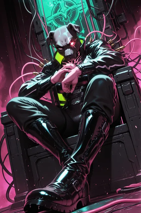 arm0rpunkv4, fish-eye lens, dynamic pose, dynamic angle, dutch angle, dramatic lighting, ((anthro)) ((pitbull)) woman in a biker jacket sitting on a massive throne made of machinery and cables like a tired god. Set against a vast factory making war droids...