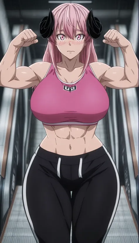 simple background, detailed background,
anime screencap,anime coloring,
(masterpiece, best quality:1.2),
homare01, 1girl, solo, pink hair, shorts, looking at viewer, long hair, pink eyes, large breasts, thick muscular thighs, wide curvy hips, voluptuous...