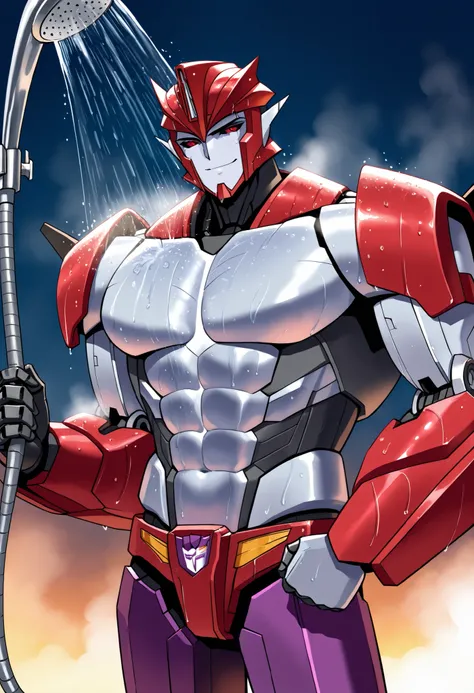 knockoutpdxl, mecha, humanoid robot, decepticon, red eyes, black sclera, abs, biceps, pecs, active shower, steam, warm smile, topless, dynamic pose