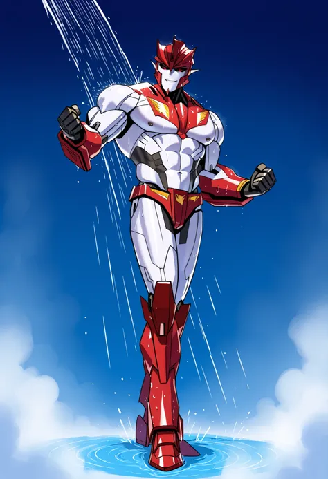 knockoutpdxl, mecha, humanoid robot, decepticon, red eyes, black sclera, abs, biceps, pecs, active shower, steam, warm smile, topless, naked, dynamic pose, full body