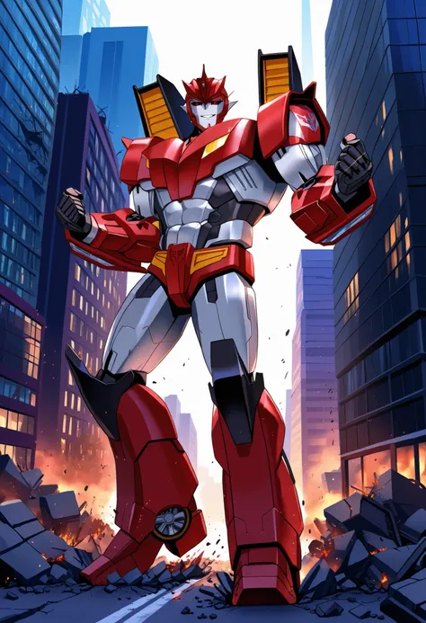 knockoutpdxl, mecha, humanoid robot, decepticon, red eyes, black sclera, abs, biceps, pecs, macro in miniscule city, destruction, warm smile, topless, dynamic pose, full body