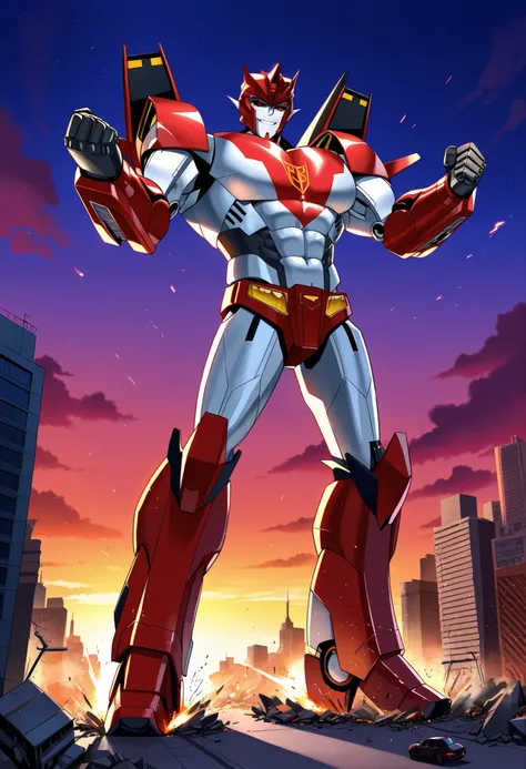 knockoutpdxl, mecha, humanoid robot, decepticon, red eyes, black sclera, abs, biceps, pecs, macro in miniscule city, destruction, warm smile, topless, dynamic pose, full body