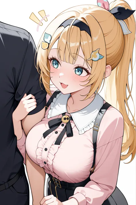 masterpiece, Highest Quality, great quality, very aesthetic, Newest, solo,
large breast,
IrohaBase, hair ornament, hairband, Gold hair, ponytail, sounds fun, above, See men,
jiraikei, Clothes based on pink, arm hug, Parks,