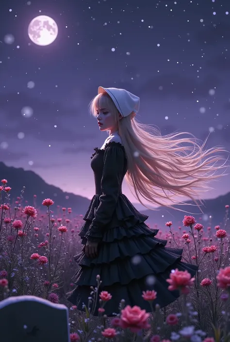 photorealistic, solo, 1 girl, blonde hair, bonnet, gothic-lolita, black dress, ,frilled dress, standing, profile, full body, snowing, snow, flower field, (flower:1.2), hill, night, star, tombstone, depth of field, purple gradient colored sky,
