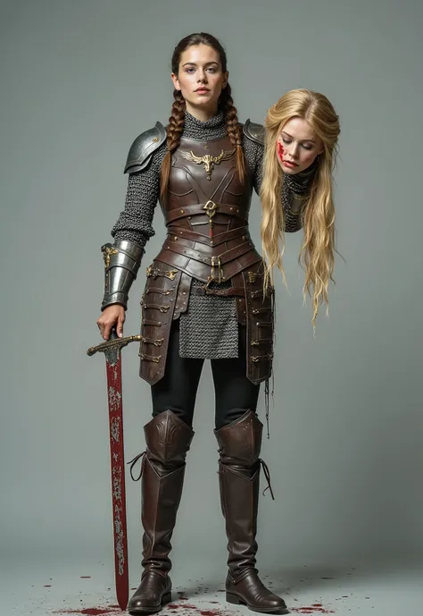 9:16 aspect ratio. A cinematic movie still captured in a real studio against a solid light gray chroma key background. Full body shot from head to ground.

This is a parody scene featuring a female Macbeth and a female Macduff.

The female Macduff, a formi...