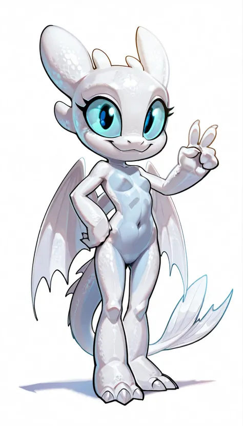 score_9, score_8_up, score_7_up, anthro, masterpiece, best quality, amazing quality, very aesthetic, absurdres, source furry, 1boy, nubless_httyd, dragon, light fury, white scales, detailed scales, wings, tail, white claws, 1girl, solo, blue sclera, black ...